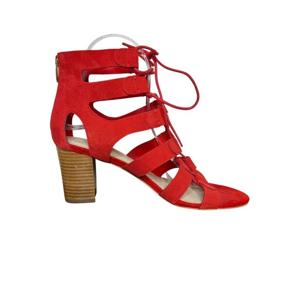 Marc Fisher Red Leather "Paradox" Lace-Up Caged Heeled Sandals, 3" Heel, Size 8M - Picture 3 of 10